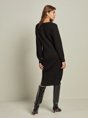 Schwarz - Pulloverkleid aus Rippstrick mit V-Ausschnitt - Bild 3 von 6