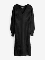 Schwarz - Pulloverkleid aus Rippstrick mit V-Ausschnitt - Bild 5 von 6