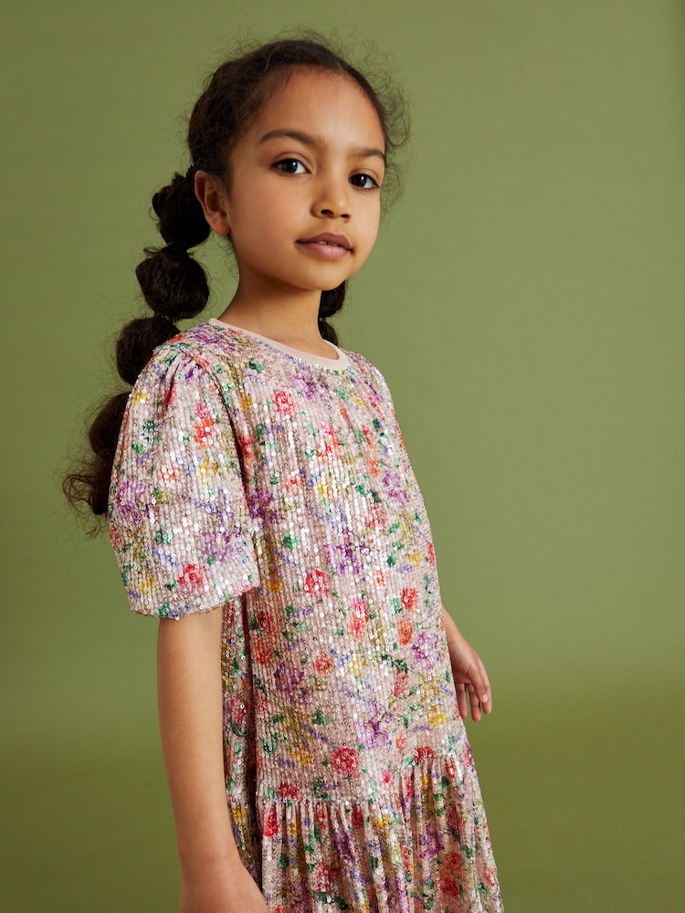Pink/Purple/Orange Floral Print Sequin Occasion Party Dress (3-16yrs) - Image 1 of 7