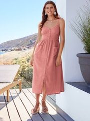 Blush Pink Strappy Linen Blend Midi Dress - Image 1 of 6
