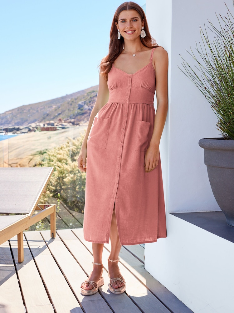 Blush Pink Strappy Linen Blend Midi Dress - Image 1 of 6