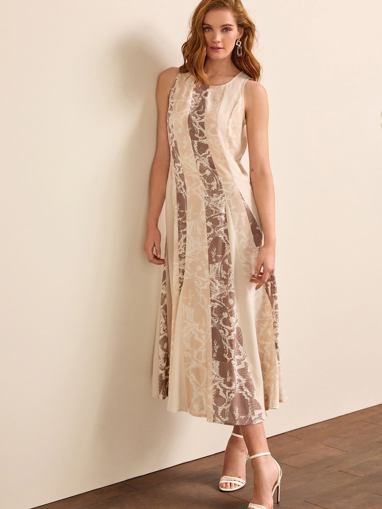 Neutral Snake Print Spliced Sleeveless Flowing Midi Dress - Image 1 of 5 Neutral Snake Print Spliced Sleeveless Flowing Midi Dress - Image 1 of 5