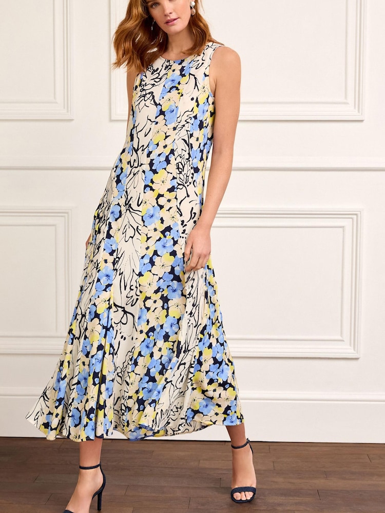 Black/White Floral Spliced Sleeveless Flowing Midi Dress - Image 1 of 6