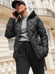 Black Quilted Lightweight Hooded Jacket - Image 1 of 6