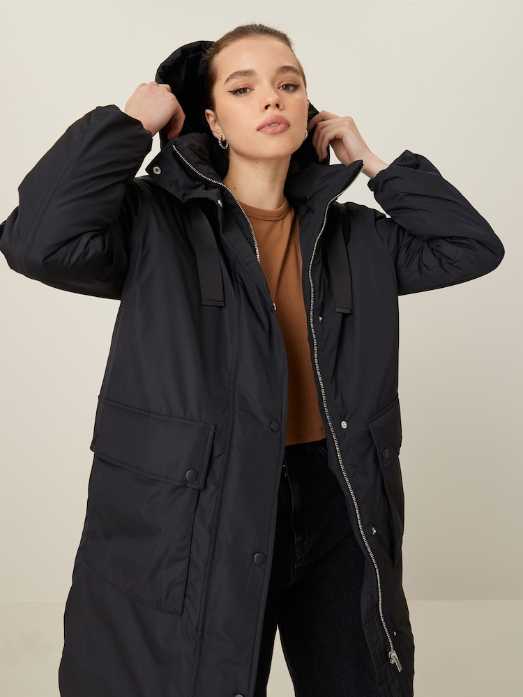 Black Longline Padded Coat - Image 2 of 10