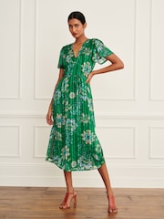 Green V-Neck Chiffon Tie Waist Midi Dress - Image 1 of 6