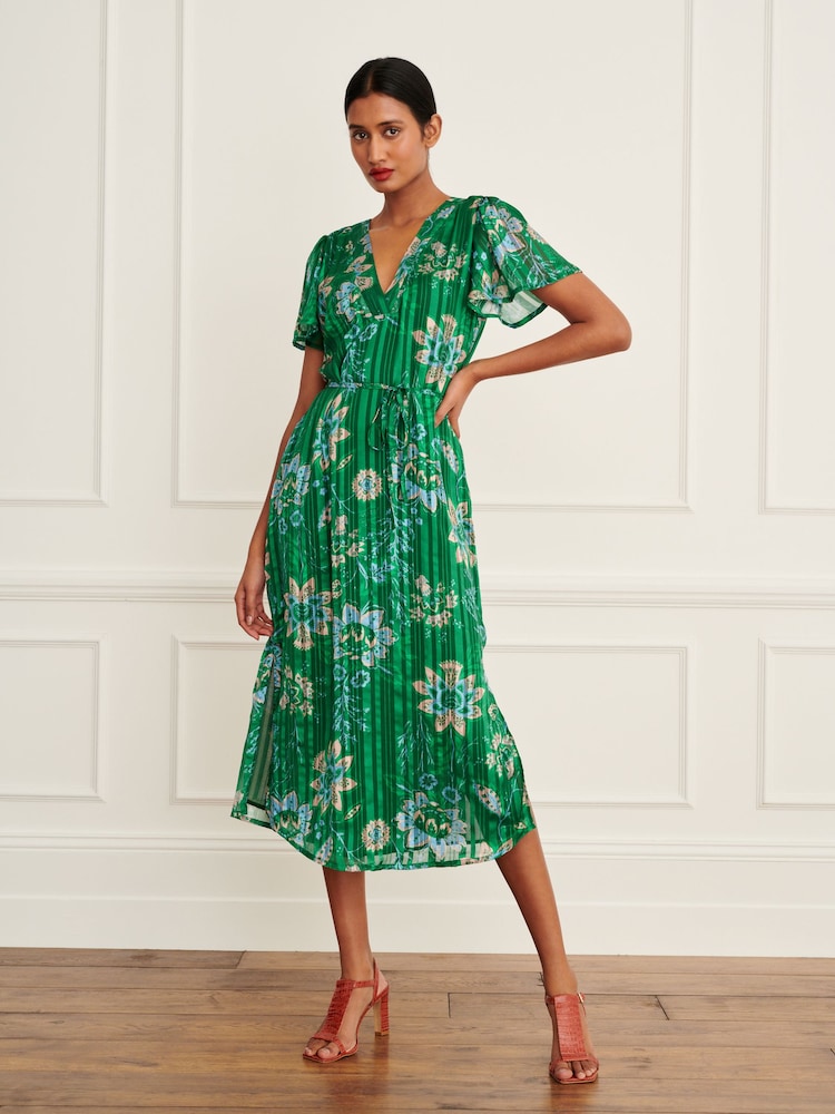 Green V-Neck Chiffon Tie Waist Midi Dress - Image 1 of 6