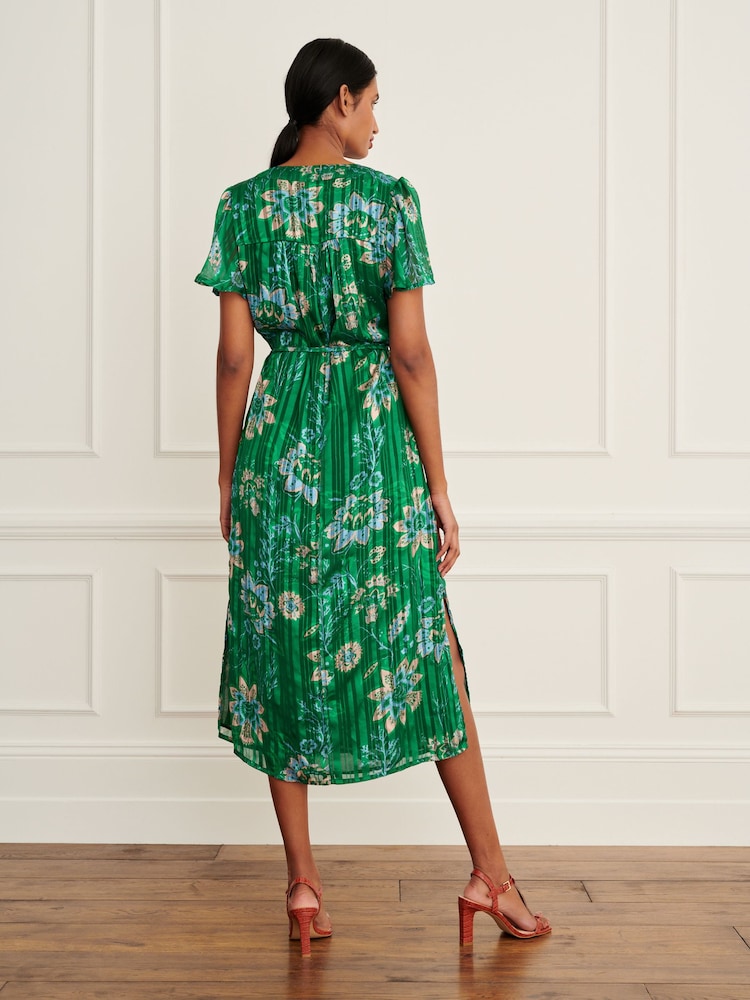 Green V-Neck Chiffon Tie Waist Midi Dress - Image 2 of 6