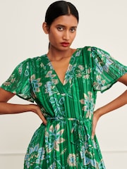 Green V-Neck Chiffon Tie Waist Midi Dress - Image 3 of 6