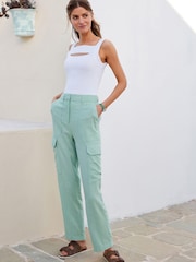Light Blue Linen Blend Cargo Taper Trousers - Image 1 of 7