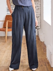 Navy Blue Stripe Smart Utility Cargo Wide Leg Trousers - Image 3 of 6
