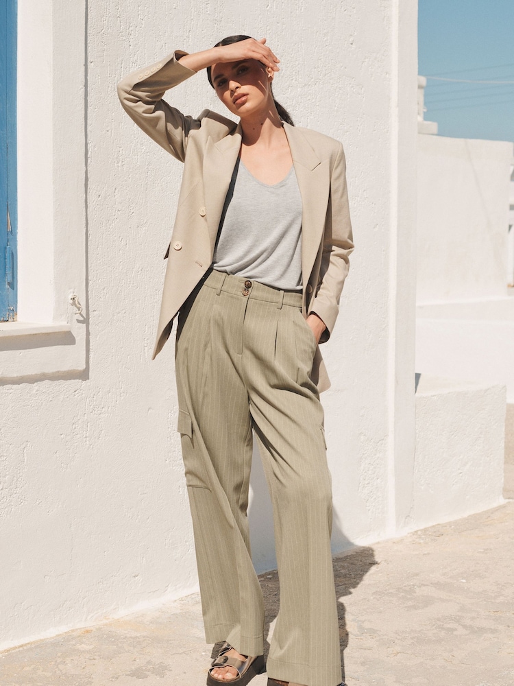 Khaki Green Stripe Smart Utility Cargo Wide Leg Trousers - Image 1 of 7