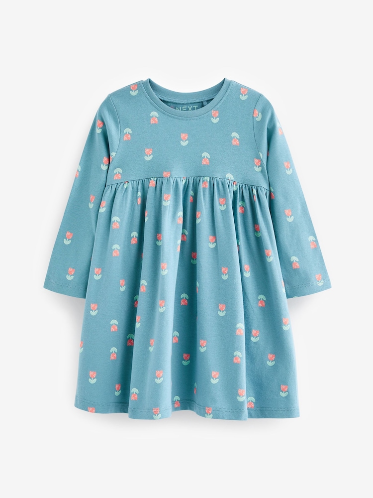 Blue Flowers Long Sleeve Jersey Dress (3mths-7yrs) - Image 1 of 2