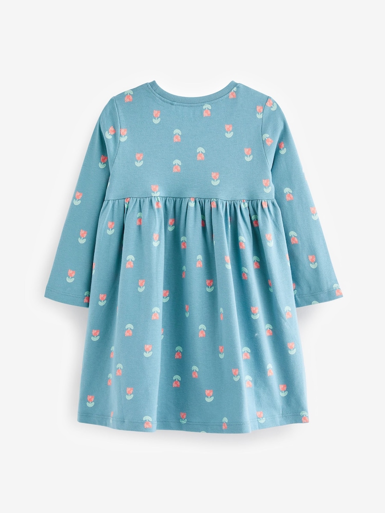 Blue Flowers Long Sleeve Jersey Dress (3mths-7yrs) - Image 2 of 2
