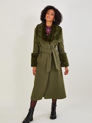 Monsoon Green Sadie Faux Fur Trim Wrap Coat - Image 1 of 4