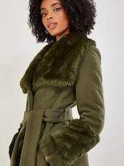 Monsoon Green Sadie Faux Fur Trim Wrap Coat - Image 3 of 4