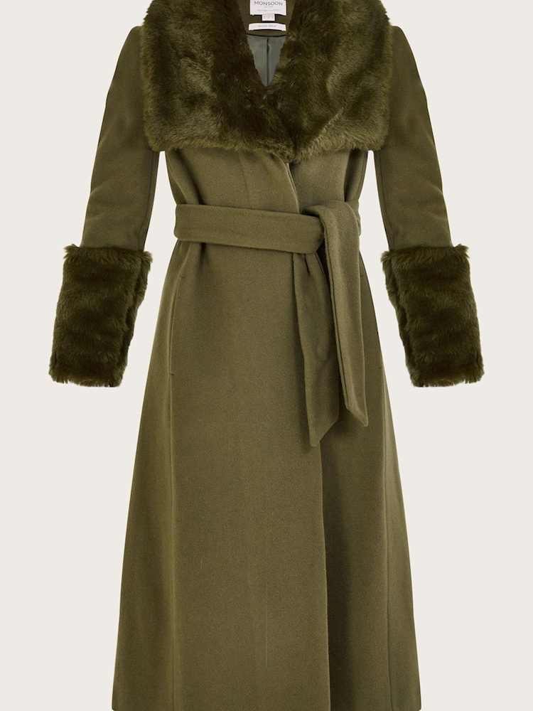 Monsoon Green Sadie Faux Fur Trim Wrap Coat - Image 4 of 4