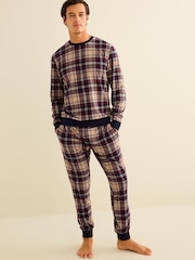 Navy Blue/Neutral Check Cuffed Motionflex Long Sleeve Cosy Pyjamas - Image 1 of 12