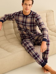 Navy Blue/Neutral Check Cuffed Motionflex Long Sleeve Cosy Pyjamas - Image 4 of 12