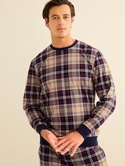 Navy Blue/Neutral Check Cuffed Motionflex Long Sleeve Cosy Pyjamas - Image 5 of 12