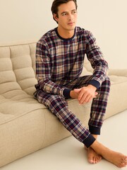 Navy Blue/Neutral Check Cuffed Motionflex Long Sleeve Cosy Pyjamas - Image 6 of 12