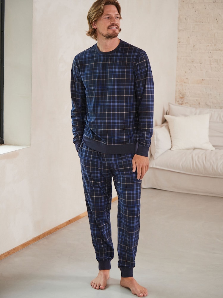 Navy Blue Check Cuffed Motionflex Long Sleeve Cosy Pyjamas - Image 1 of 10