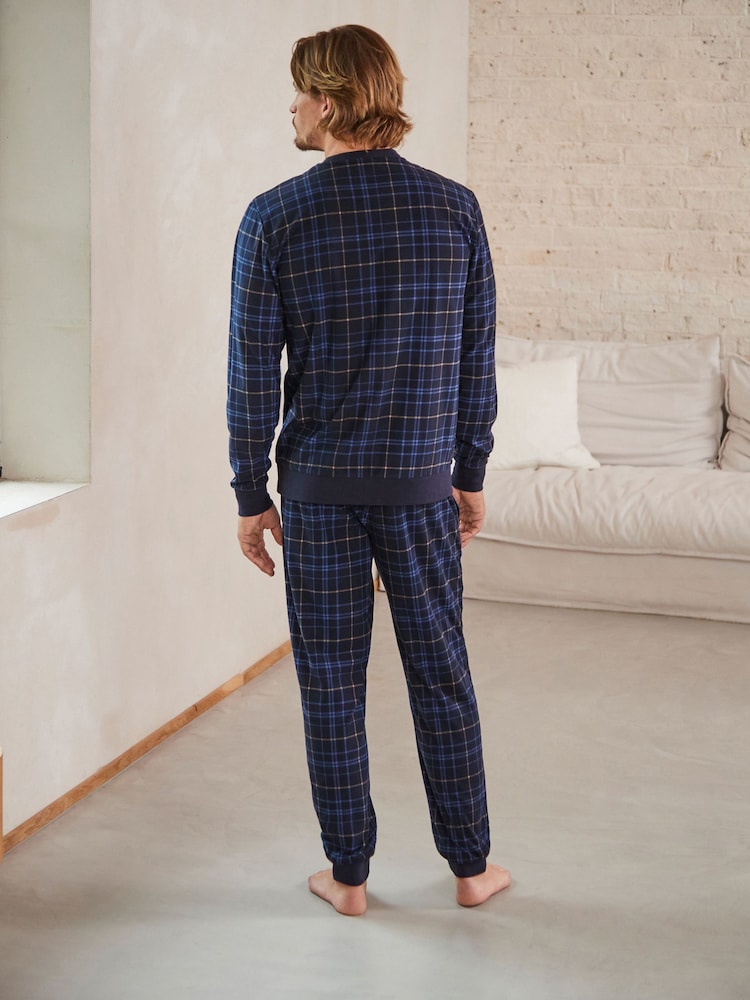 Navy Blue Check Cuffed Motionflex Long Sleeve Cosy Pyjamas - Image 2 of 10