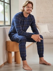 Navy Blue Check Cuffed Motionflex Long Sleeve Cosy Pyjamas - Image 5 of 10