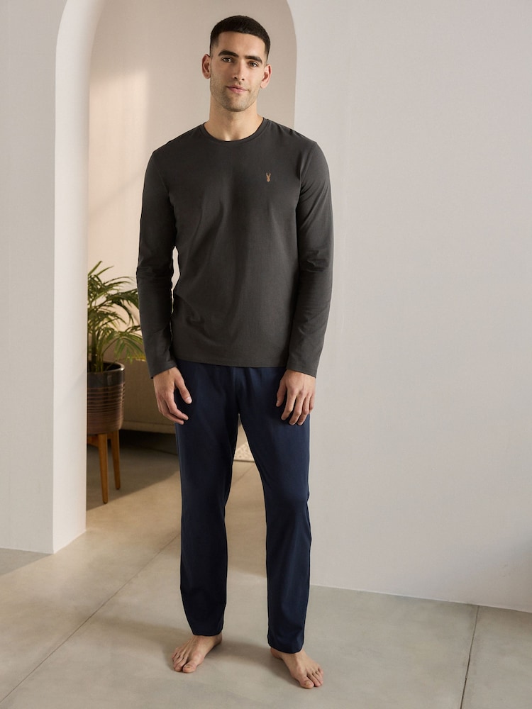 Slate Grey/Navy Long Sleeve Jersey 100% Cotton Pyjamas Set - Image 1 of 10