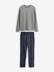 Slate Grey/Navy Long Sleeve Jersey 100% Cotton Pyjamas Set - Image 7 of 10
