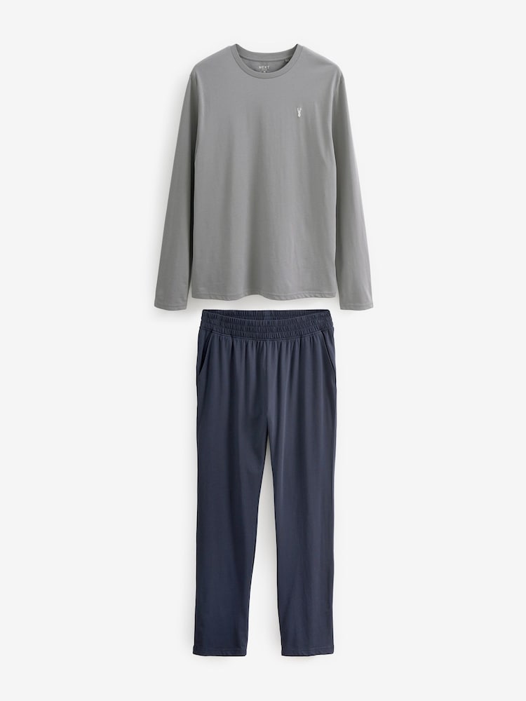 Leisteengrijs/marineblauw - Long Sleeve Jersey 100% Cotton Pyjamas Set - Image 7 of 10