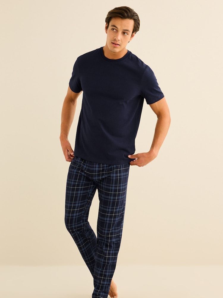 Carreaux bleu marine - Ensemble pyjama à carreaux et manches courtes 100% coton - Image 1 de 10