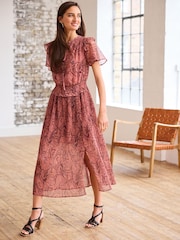 Pink Paisley Chiffon Flutter Sleeve Midi Dress - Image 1 of 6