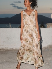 Neutral Floral Metallic V-Neck Maxi Chiffon Dress - Image 1 of 5
