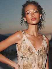 Neutral Floral Metallic V-Neck Maxi Chiffon Dress - Image 2 of 5