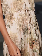 Neutral Floral Metallic V-Neck Maxi Chiffon Dress - Image 3 of 5