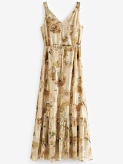 Neutral Floral Metallic V-Neck Maxi Chiffon Dress - Image 4 of 5