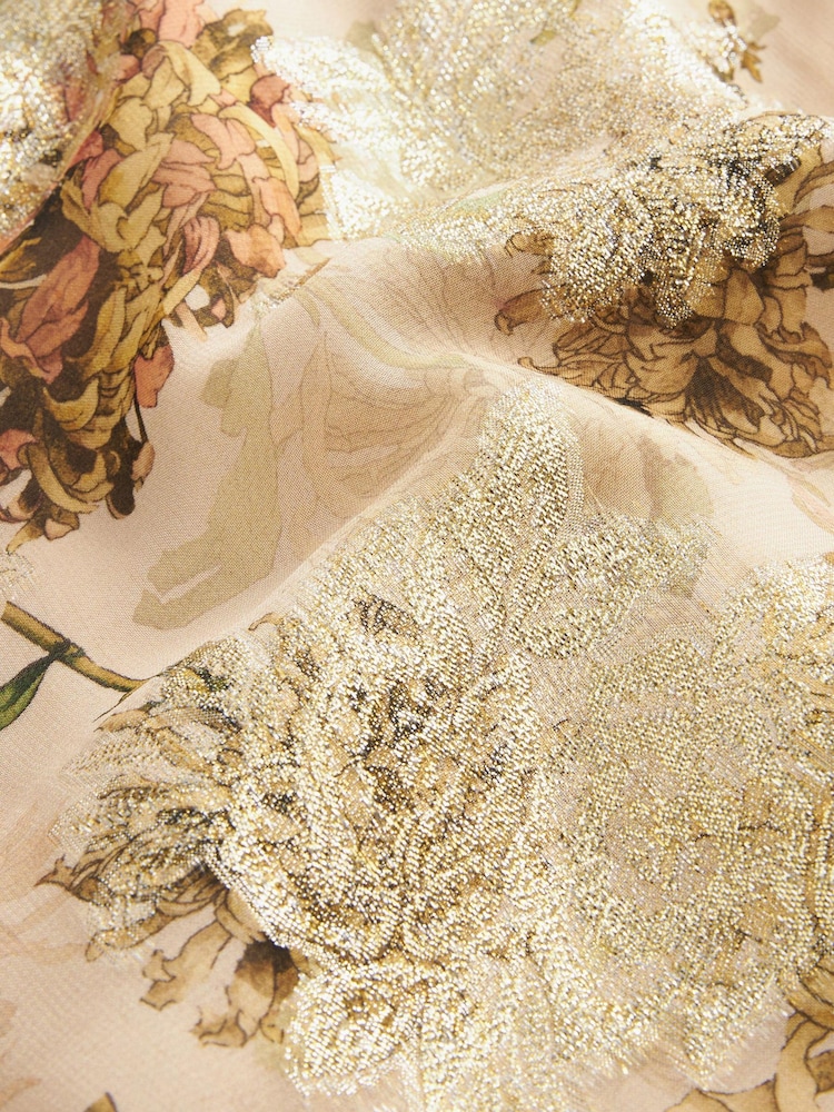 Neutral Floral Metallic V-Neck Maxi Chiffon Dress - Image 5 of 5