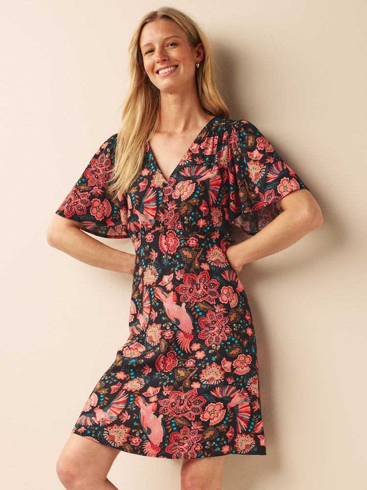 Black Floral Angel Sleeve Mini Dress - Image 1 of 4