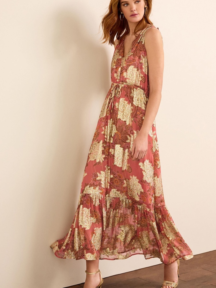 Coral Pink Metallic V-Neck Maxi Chiffon Dress - Image 1 of 6
