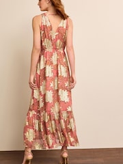 Coral Pink Metallic V-Neck Maxi Chiffon Dress - Image 3 of 6