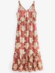 Coral Pink Metallic V-Neck Maxi Chiffon Dress - Image 5 of 6