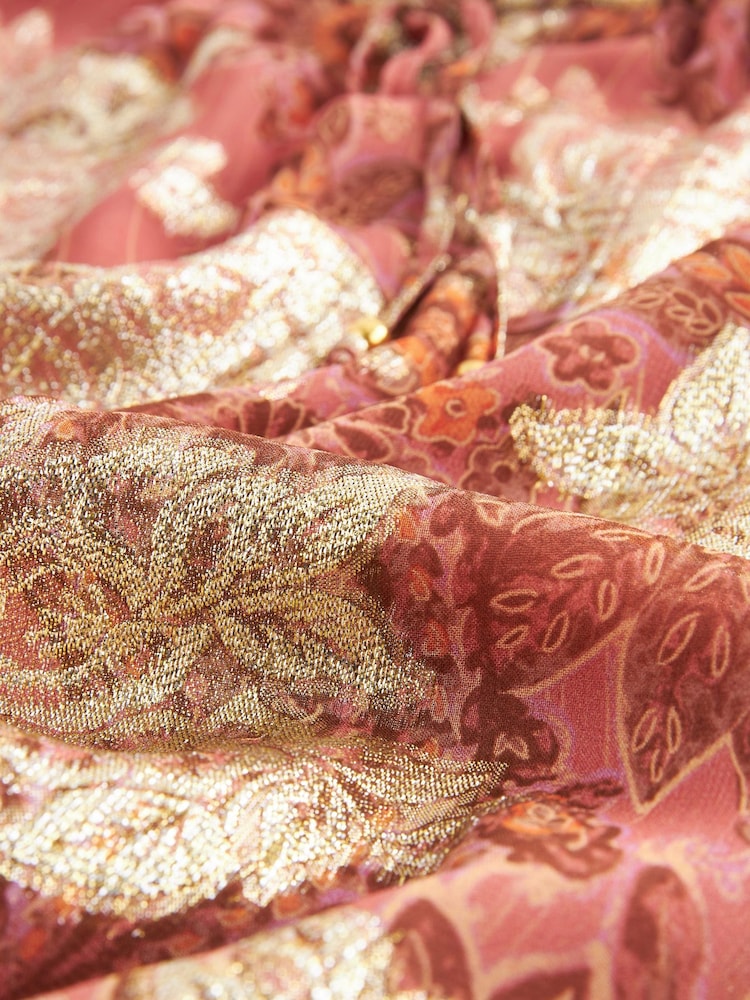 Coral Pink Metallic V-Neck Maxi Chiffon Dress - Image 6 of 6
