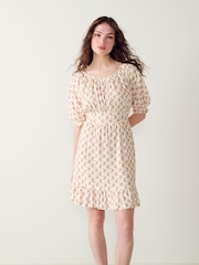 Brown Floral Puff Sleeve Linen Mix Mini Dress - Image 1 of 6