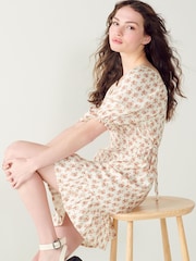 Brown Floral Puff Sleeve Linen Mix Mini Dress - Image 2 of 6