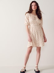Brown Floral Puff Sleeve Linen Mix Mini Dress - Image 3 of 6