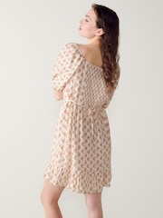 Brown Floral Puff Sleeve Linen Mix Mini Dress - Image 4 of 6