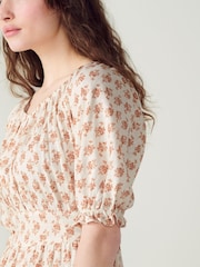 Brown Floral Puff Sleeve Linen Mix Mini Dress - Image 5 of 6