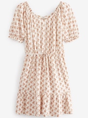 Brown Floral Puff Sleeve Linen Mix Mini Dress - Image 6 of 6