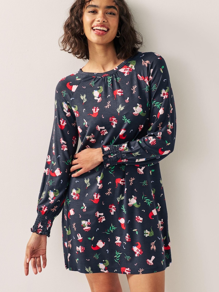 Navy Graphic Long Sleeve Novelty Christmas Swing Dress - Image 1 of 3